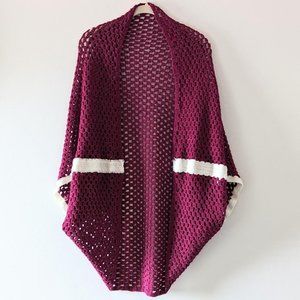 VINTAGE Burgundy Knit Shawl Short Sleeve Cardigan Boho Hippie Festival Crochet